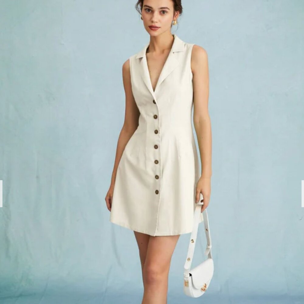 Rihoas  Beige Button Up Collared Mini Dress - Size M